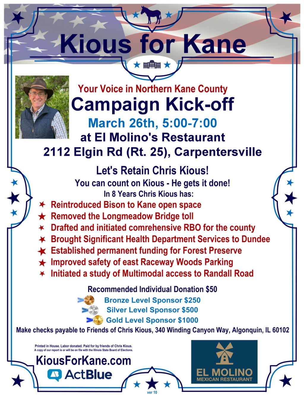 Please join Chris Kious for some Mexican Munchies in support of his re-election campaign for Kane County&nbsp;Board